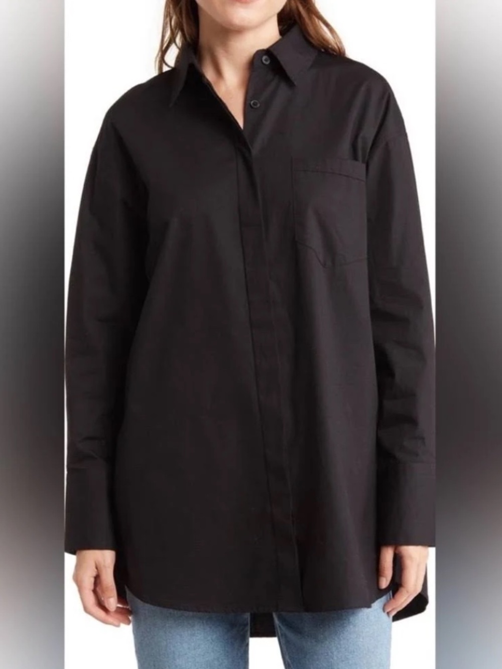 Nordstrom - RDI Poplin Tunic Button Up Oxford Split Sides Black